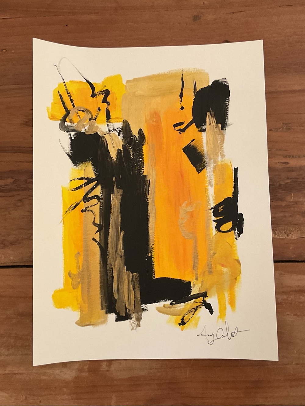 Original Abstract artwork on 9 X 12 art paper.  Gold, black and lemon yellow